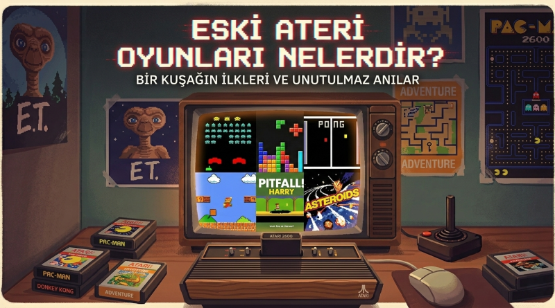Eski ateri oyunları nelerdir sorusuna yanıt veren nostaljik oyun kasetleri ve konsol görseli
